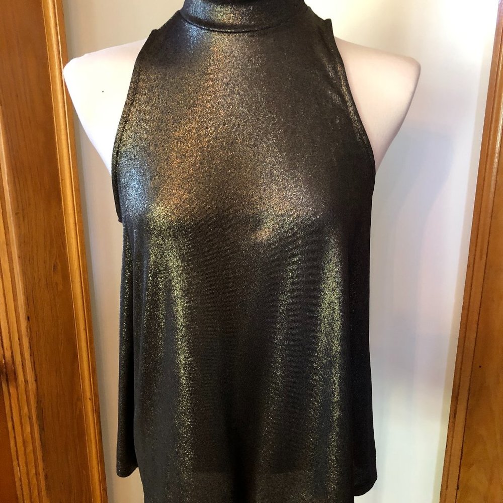 "One Love Clothing", Sleeveless Black/ Gold Metallic Mock Turtleneck Blouse, New